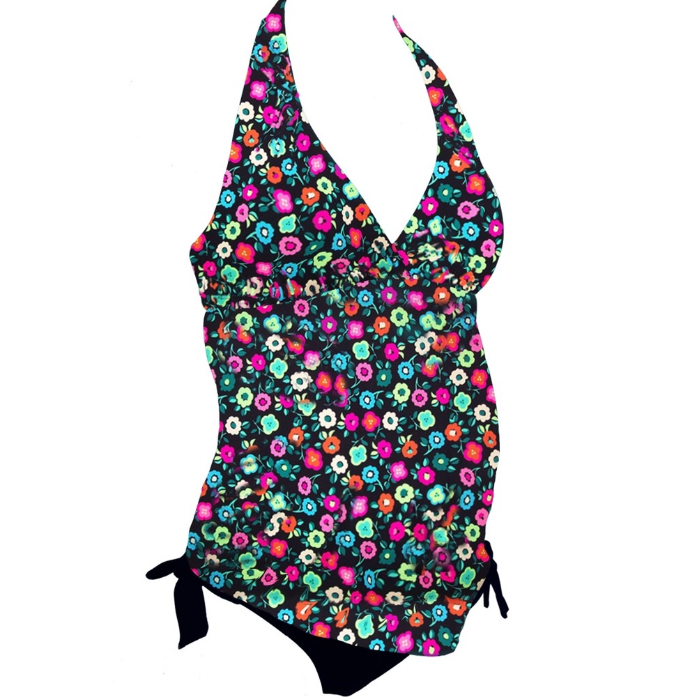Floral Halter Swimsuit Black full coverage adjustable bottom S M L Maternity NWT